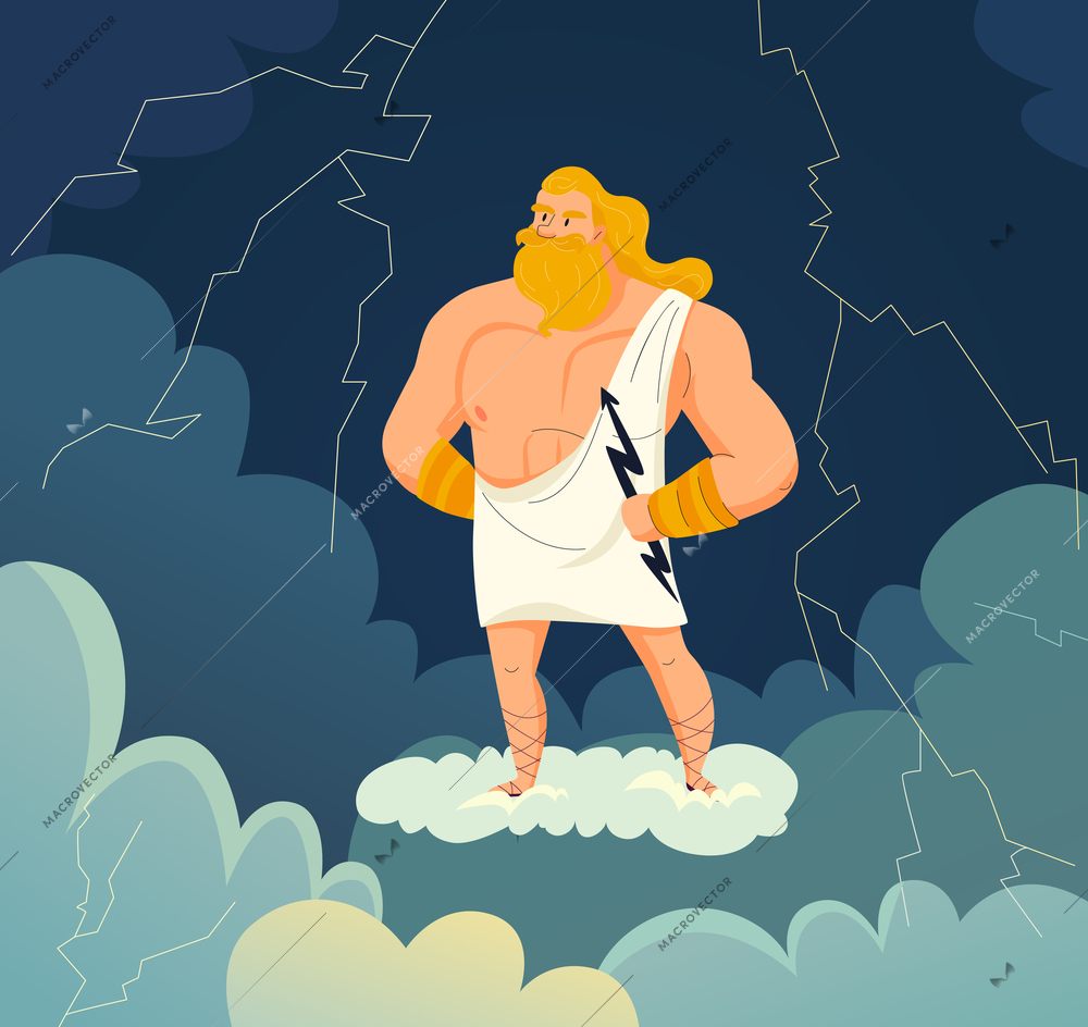 Greek god of sky and thunder zeus holding lightning cartoon vector illustration