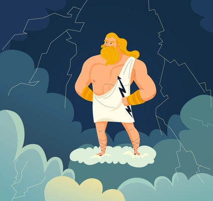Greek god of sky and thunder zeus holding lightning cartoon vector illustration