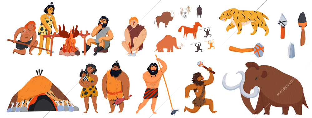 Big set of cartoon icons with cavemen animals weapons isolated vector illustration