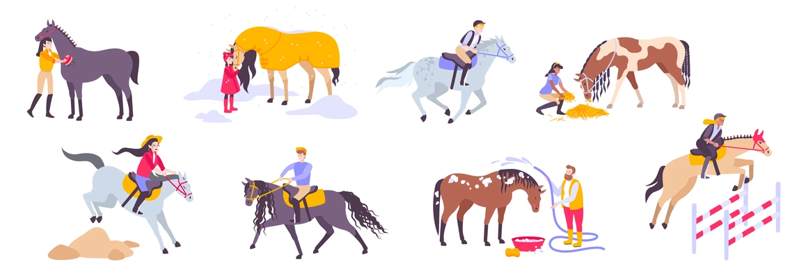 Isolated horse flat icon set with different types of horses sports and riders vector illustration