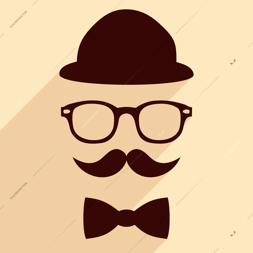 Hat glasses mustache bow tie flat hipster vintage design with long shadows vector illustration