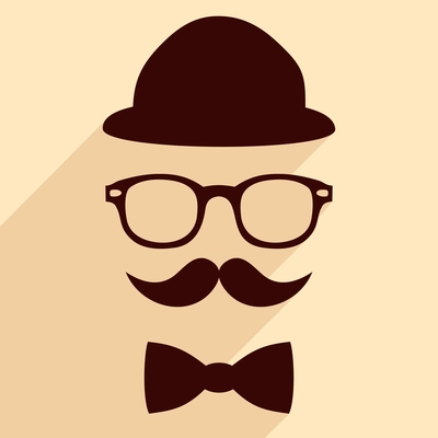 Hat glasses mustache bow tie flat hipster vintage design with long shadows vector illustration