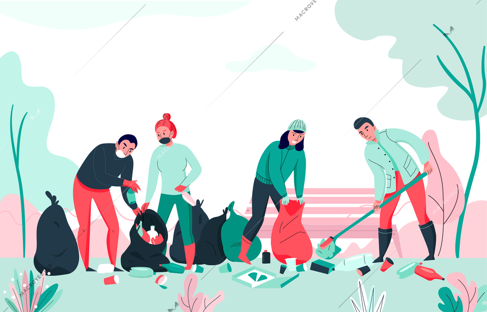 Pollution background with group of people collecting garbage flat vector illustration