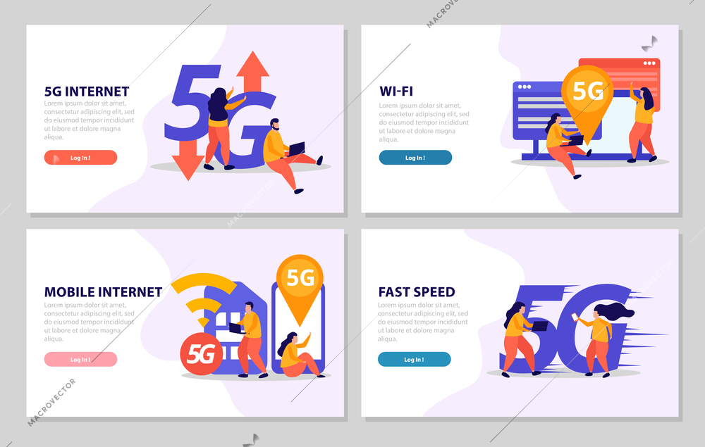 Fast speed internet 2x2 design concept set of four banners offer 5G connection wi fi signal and mobile internet vector illustration