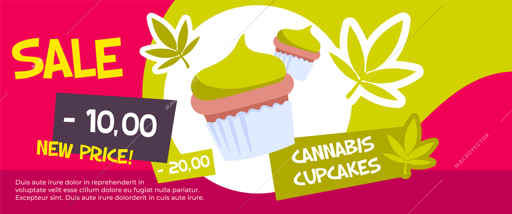 Horizontal and colored cannabis sale banner with green flat cannabis cupcake sale description vector illustration