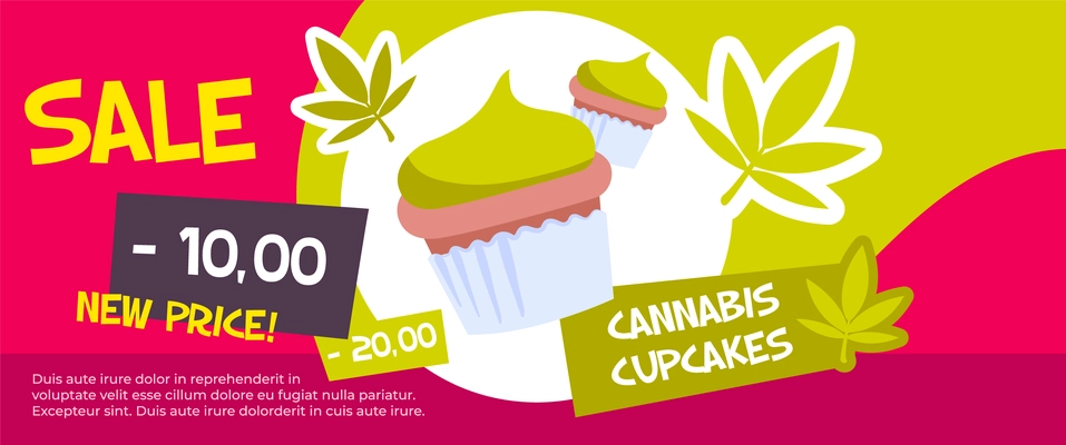 Horizontal and colored cannabis sale banner with green flat cannabis cupcake sale description vector illustration