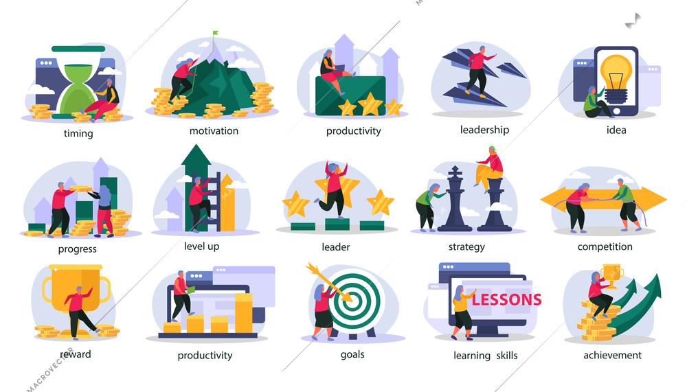 Business gamification flat color icons set illustrated new trend principles in social media marketing isolated vector illustration