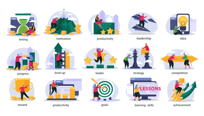 Business gamification flat color icons set illustrated new trend principles in social media marketing isolated vector illustration