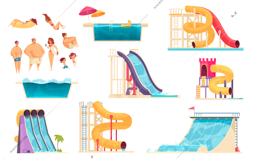 Aqua park family holiday pleasure relaxation attractions colorful comics set water slide bath isolated vector illustration
