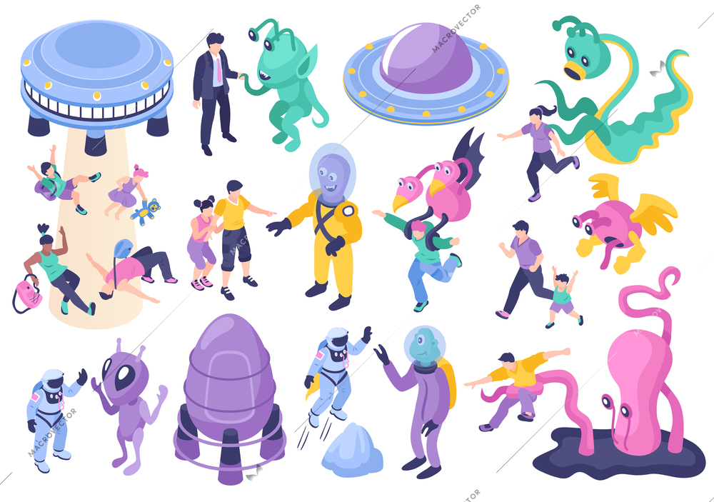 Ufo and aliens cartoon set of fantastic monstrous characters chasing children and adults isolated vector illustration