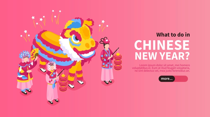 Chinese new year horizontal banner with people in national clothes and big dragon costume isometric vector illustration