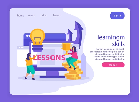 Business gamification flat landing page offering learning skills in business strategy competition and achievement vector illustration