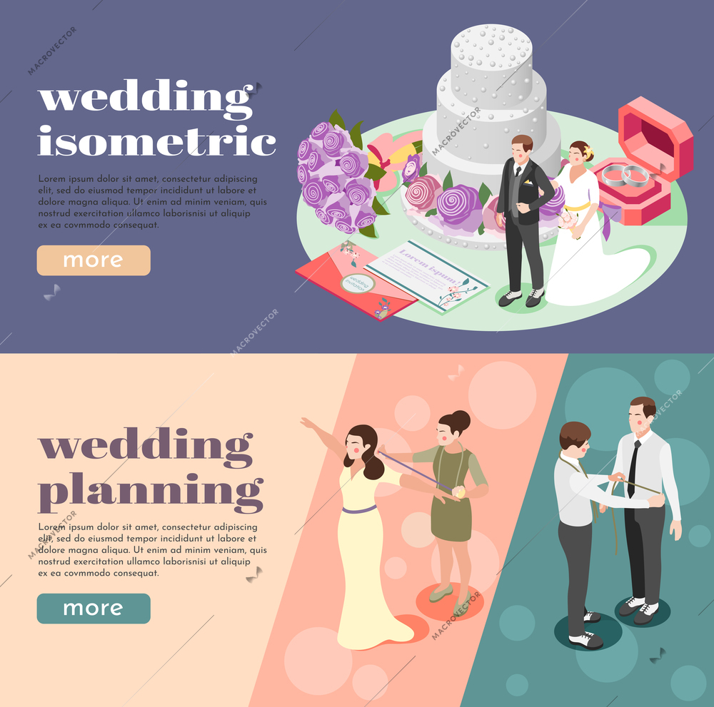 Wedding planning isometric banners illustrated measuring bride and groom figures envelopes with invitations rings and tiered cake vector illustration