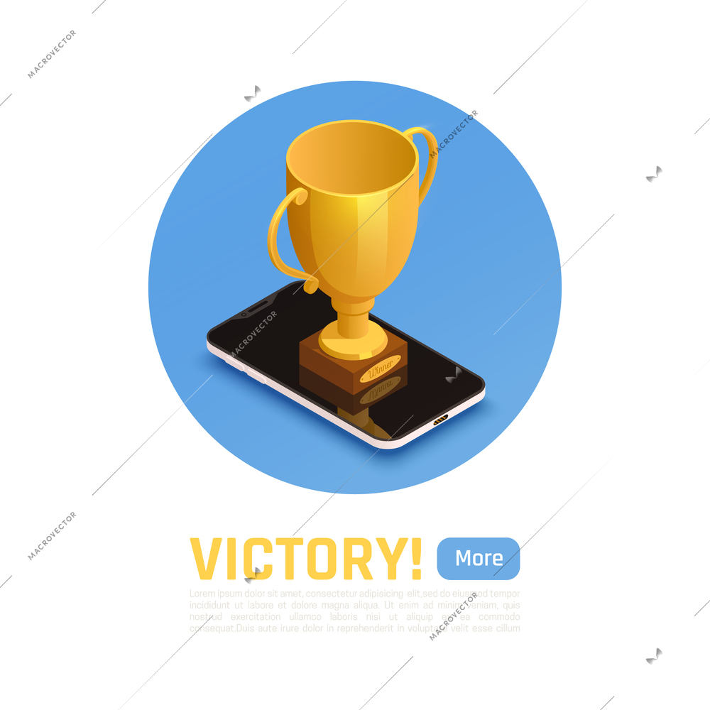 Winner isometric composition with victory headline more button and big gold trophy vector illustration