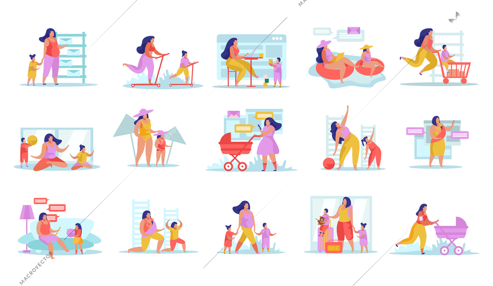 Advanced motherhood flat icons set with mum playing walking and doing sports with her children isolated vector illustration