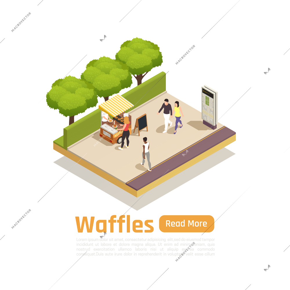 Street carts trucks isometric isolated composition with waffles for sale in the park vector illustration