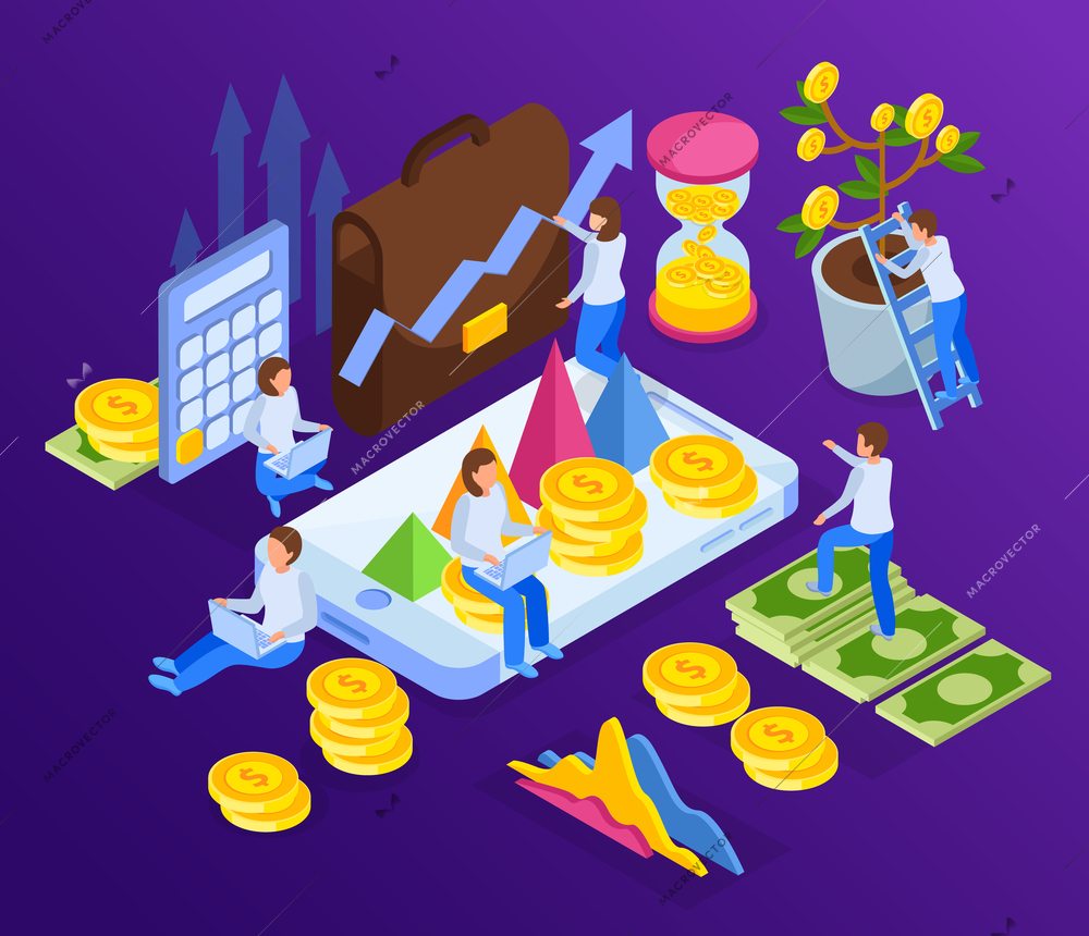 Investment isometric composition of images with money arrows and human characters with smartphone and sand glass vector illustration