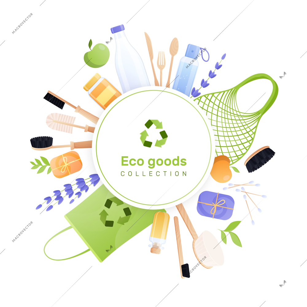 Eco goods frame flat round composition with recycle pictogram and circle surrounded by eco friendly recyclable items vector illustration