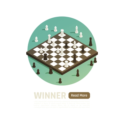Winner isolated isometric and colored composition with winner headline and chess game vector illustration