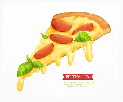 Hot pizza piece realistic composition with editable text and image of pepperoni slice on blank background vector illustration