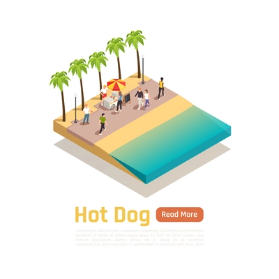 Colored isometric street carts trucks composition with hot dog cafe on wheels vector illustration