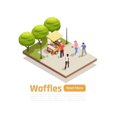 Street carts trucks isometric and isolated composition truck in park with sweets vector illustration