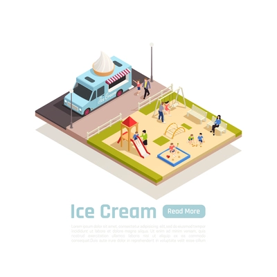 Isometric street carts trucks colored composition with ice cream truck stopped near the playground vector illustration