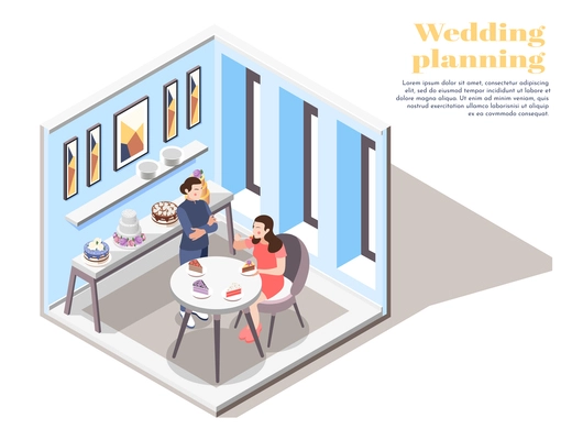 Wedding planning isometric composition with young woman tasting different cakes for wedding menu in sweet shop vector illustration