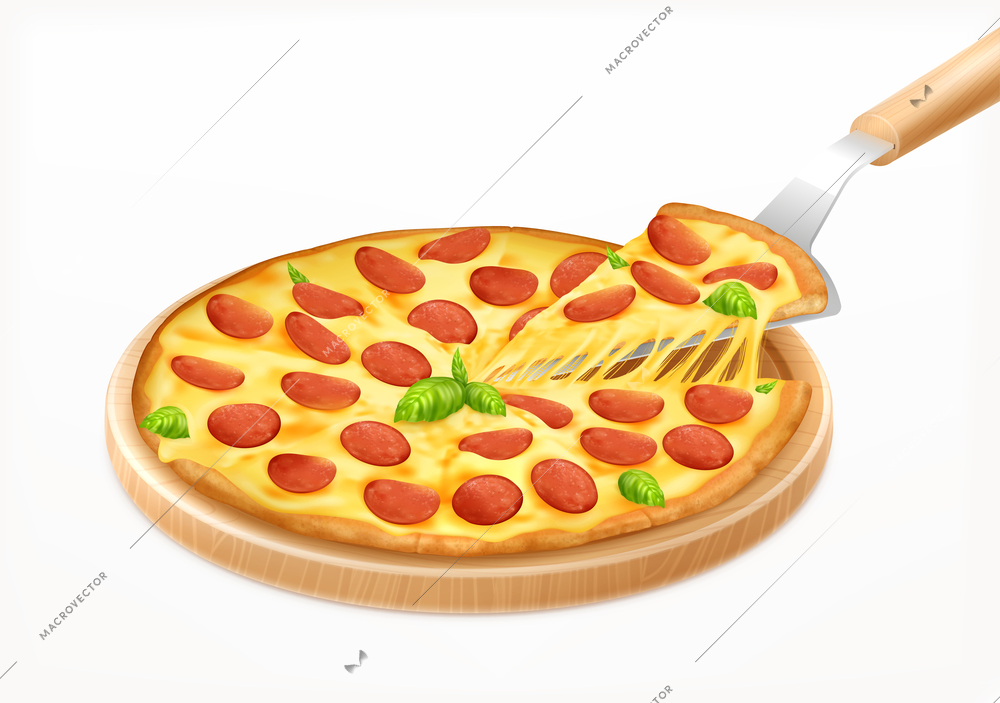 Hot pizza with piece on board realistic composition with images of round wooden carving board with pizza vector illustration