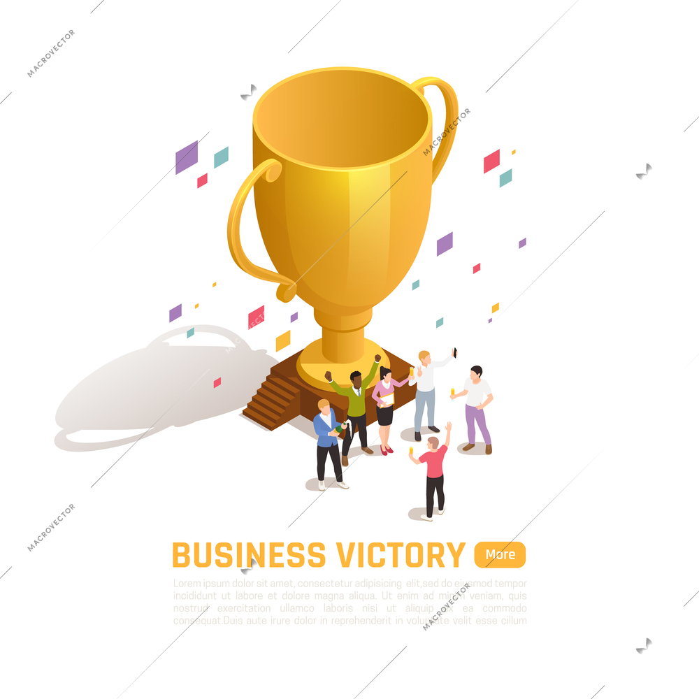 Winner isometric colored concept with business victory description and orange more button vector illustration