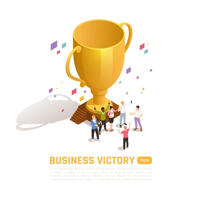 Winner isometric colored concept with business victory description and orange more button vector illustration