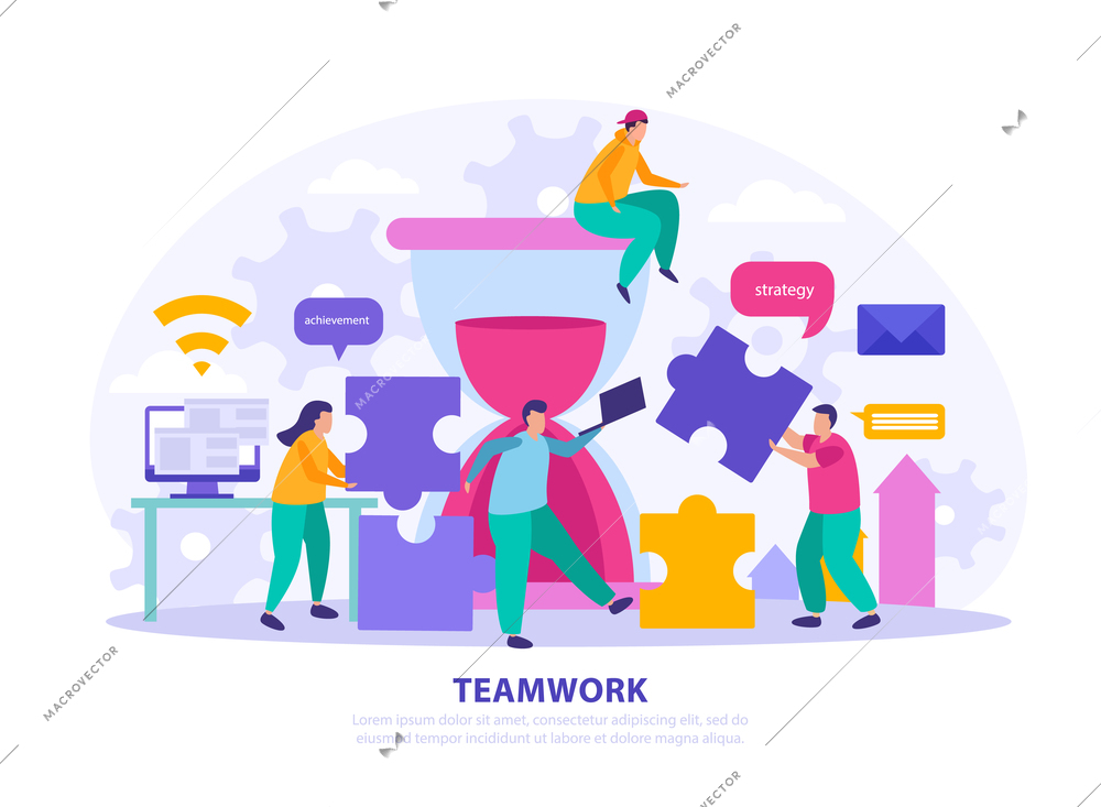 Business gamification flat design concept demonstrated how coworkers working together in teamwork vector illustration