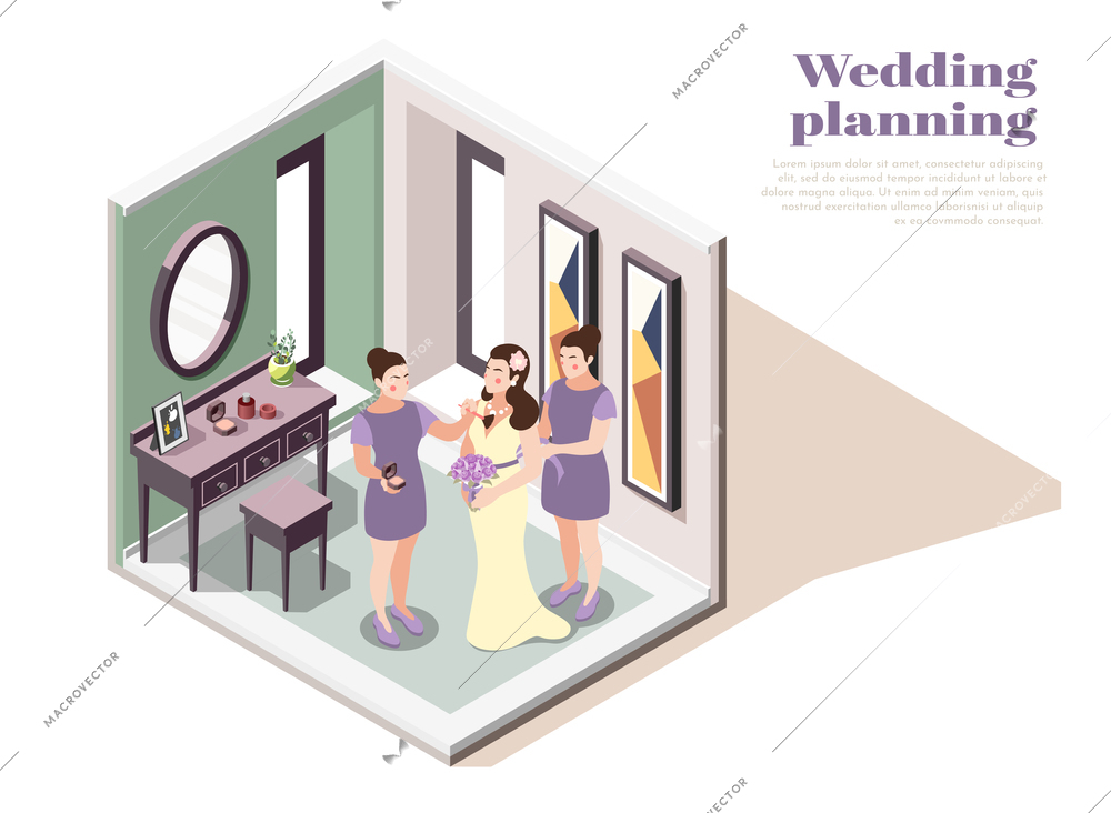 Wedding planning isometric composition with female characters preparing bride for wedding ceremony vector illustration