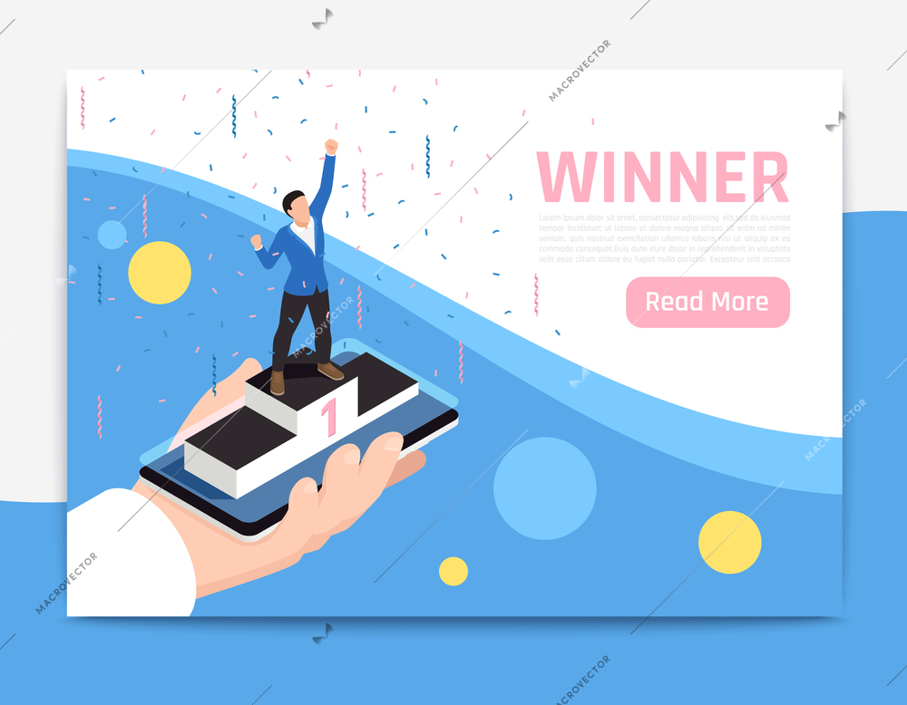 Isolated isometric winner banner with abstract composition and pink read more button composition vector illustration