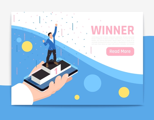 Isolated isometric winner banner with abstract composition and pink read more button composition vector illustration