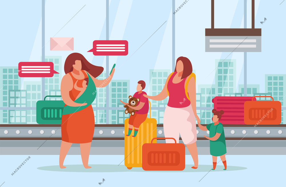 Flat advanced motherhood composition with mothers and their children going to travel vector illustration