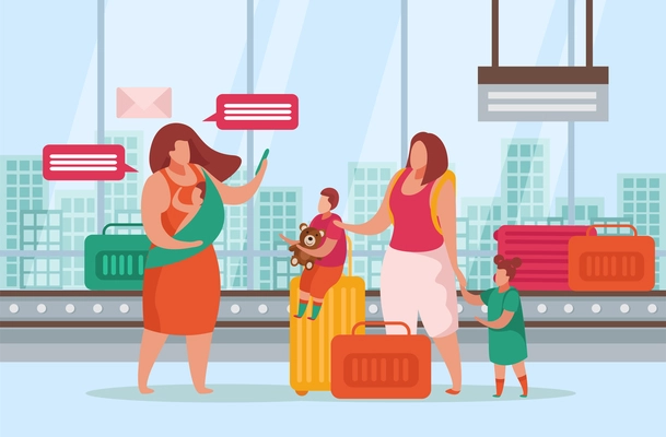 Flat advanced motherhood composition with mothers and their children going to travel vector illustration