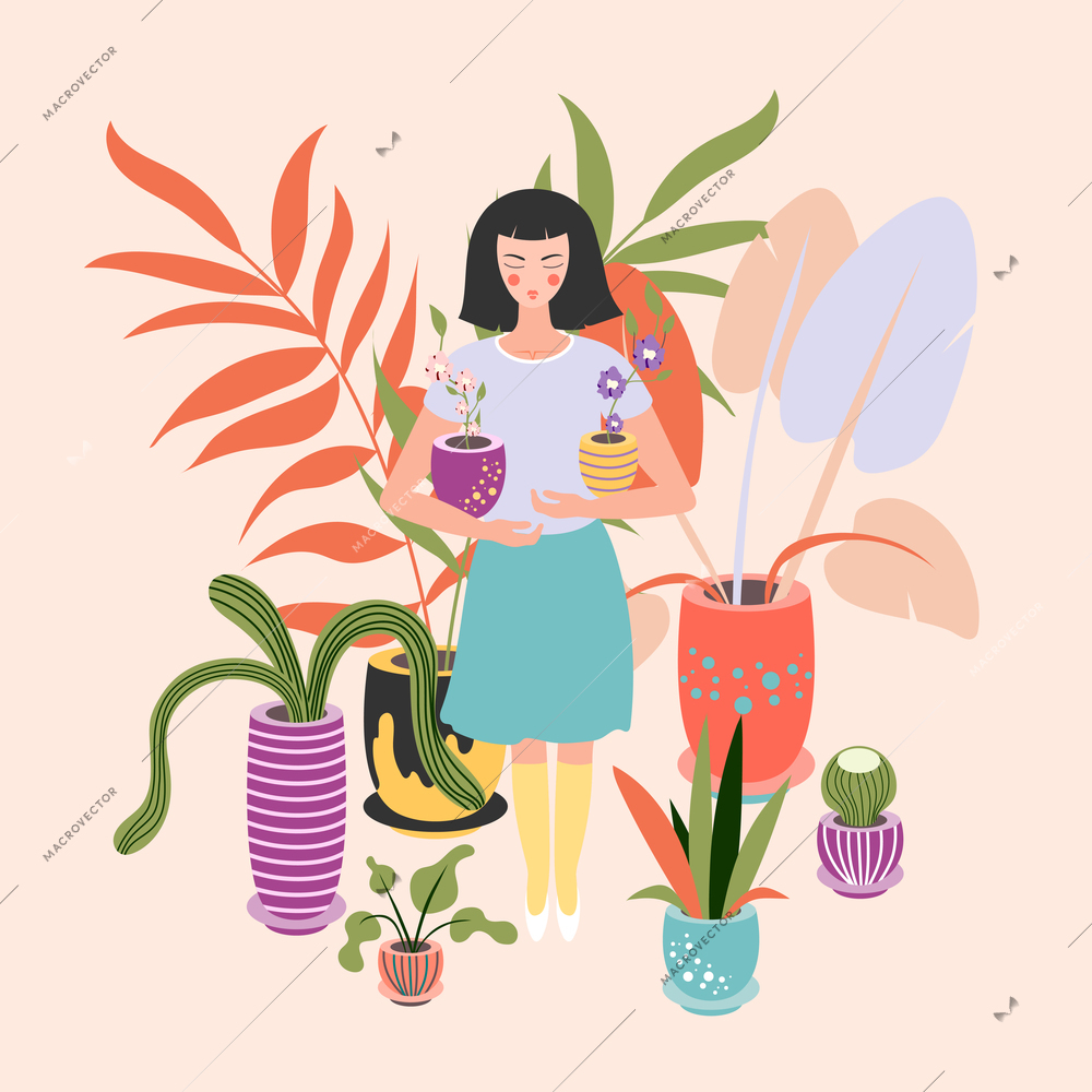 Flower girl holding 2 blooming orchids flat eastern style composition with exotic plants in pots vector illustration