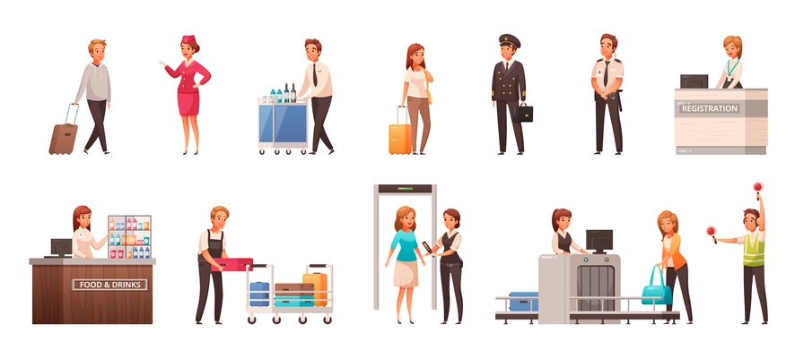 Cartoon icons set with passengers and staff characters in different situations in airport isolated vector illustration