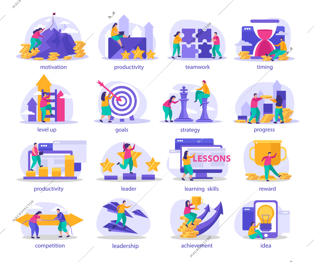 Business gamification flat icons with caption including motivation productivity leadership idea strategy competition reward goals vector illustration