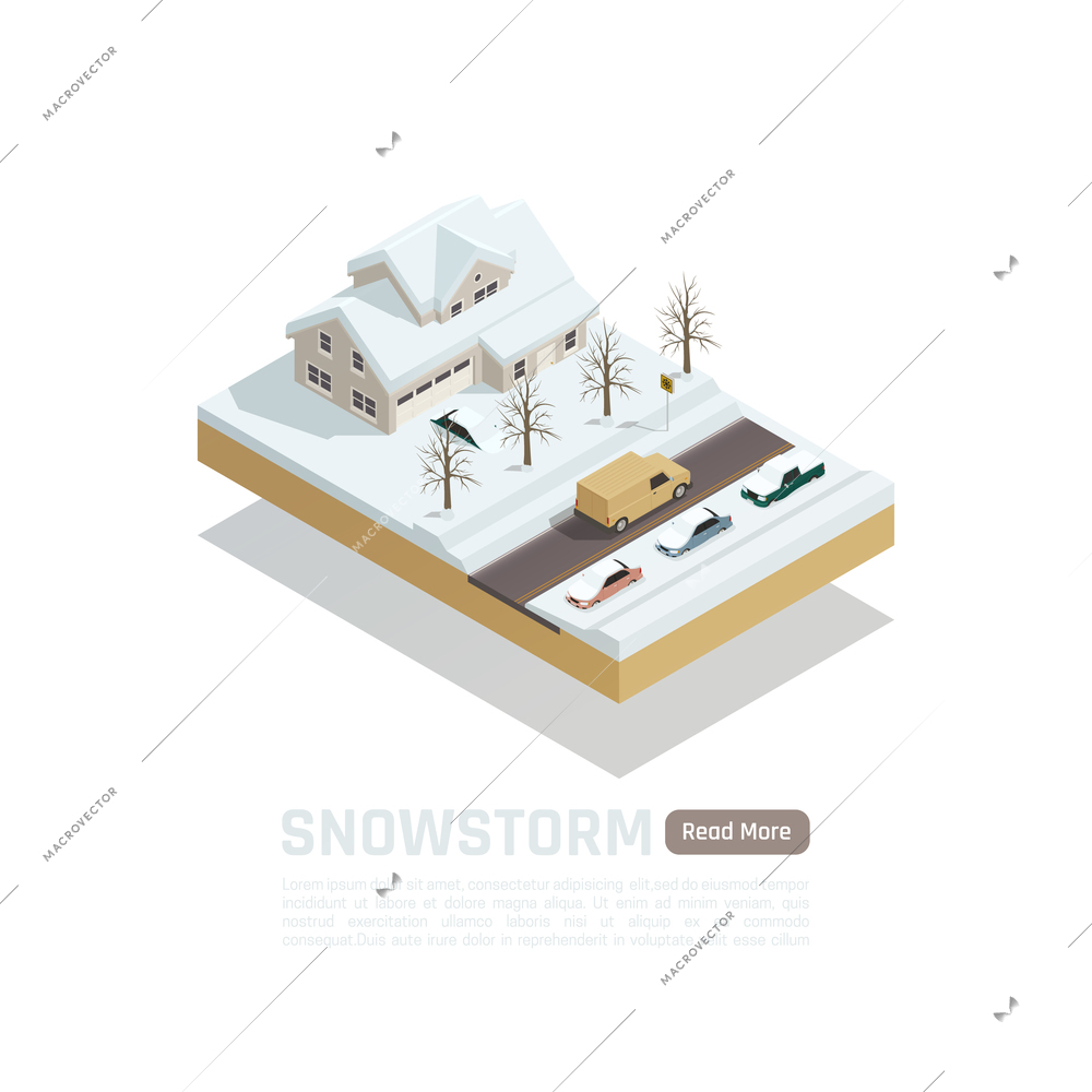 Isometric colored natural disaster composition with snowstorm and snow covered roads and houses vector illustration