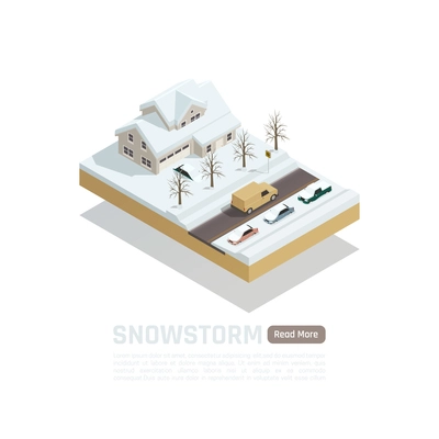 Isometric colored natural disaster composition with snowstorm and snow covered roads and houses vector illustration