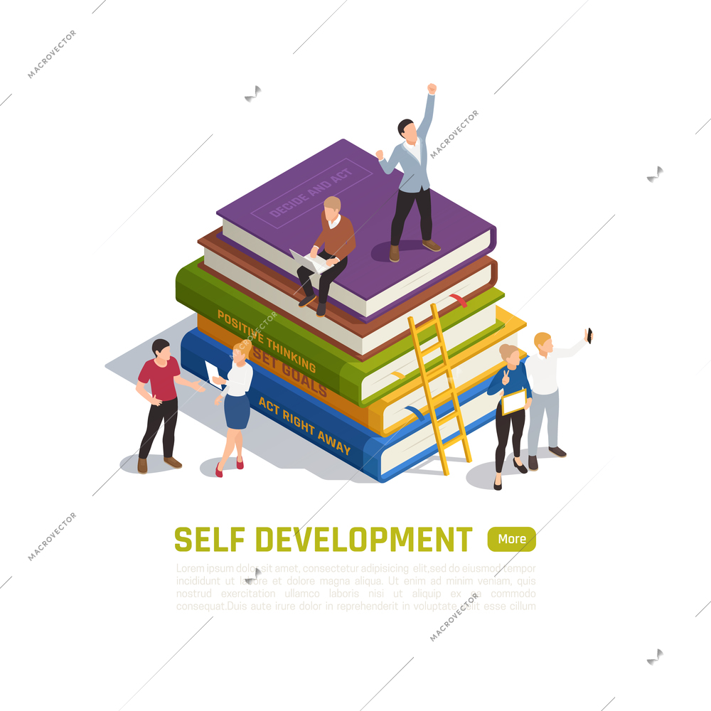 Isolated and isometric winner concept with self development description and more button vector illustration