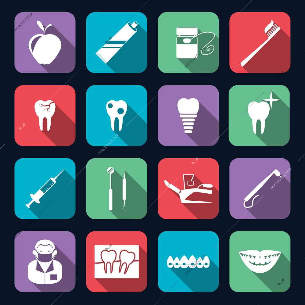 Dental teeth healthcare instruments dent protection flat icons set isolated vector illustration