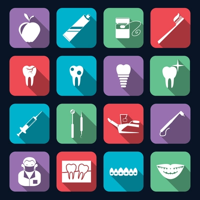 Dental teeth healthcare instruments dent protection flat icons set isolated vector illustration