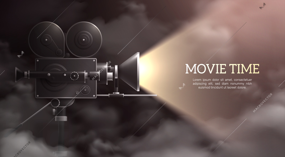 Camera background with composition of realistic dark sky and professional camera with light on and text vector illustration