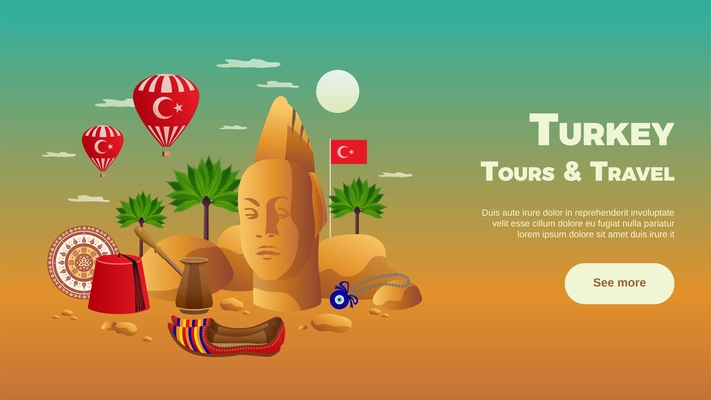 Turkey tourism composition with landmarks and sightseeing symbols flat vector illustration