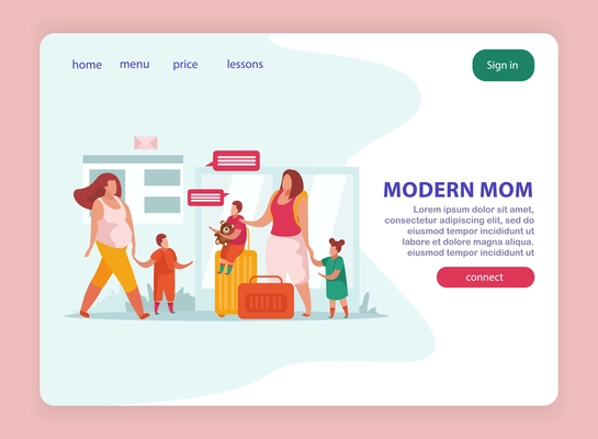 Motherhood flat landing page with modern moms and kids traveling vector illustration