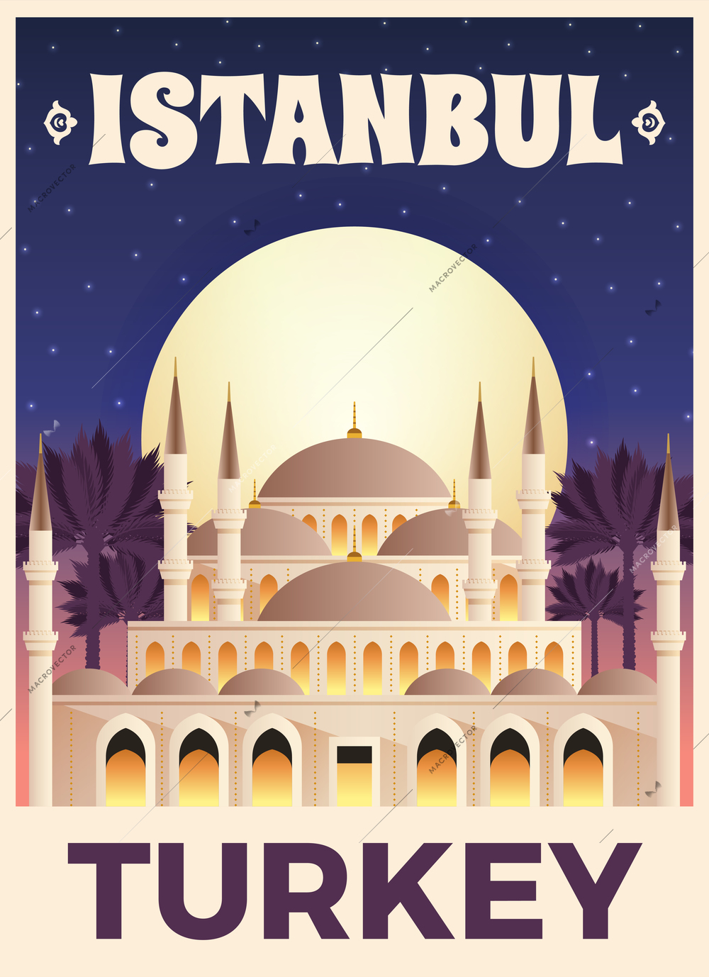 Turkey travel tourist top attractions flat poster with famous istanbul mosque minarets palms starry sky vector illustration