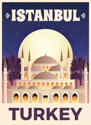 Turkey travel tourist top attractions flat poster with famous istanbul mosque minarets palms starry sky vector illustration